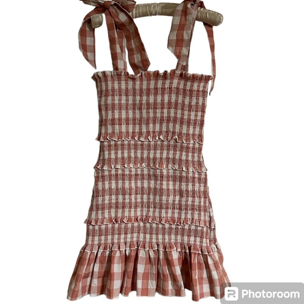 Mable salmon tiered gingham mini dress, boutique NWOT Large - Picture 2 of 6